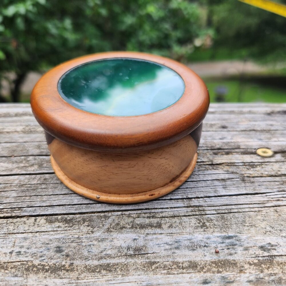 Vintage Handcrafted Mexican Wooden Box With Gemstone Lid - 2.75" Diameter X 1.5"